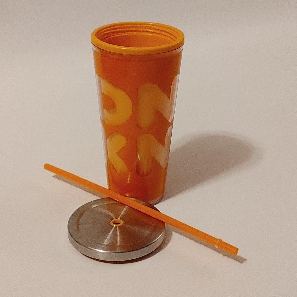 FUN DUNKIN Dunkin Donuts Travel Mug Cold Cup Steel Lid with Straw Orange